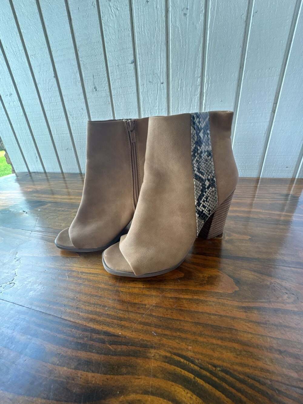 DV Dolce Vita Collins Tan Suede Open Toe Chunky Heel Booties with Snake Print De